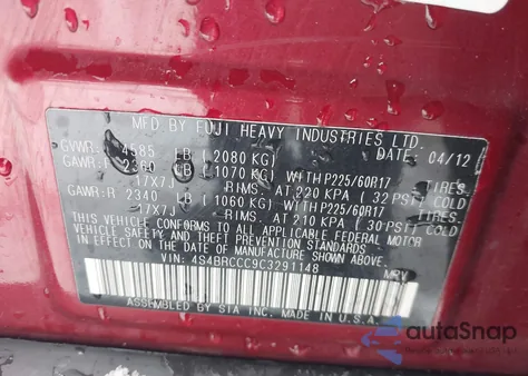 2012 Subaru Outback 2.5I Premium from USA, damaged, VIN 4S4BRCCC9C3291148